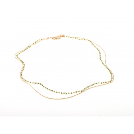<p> </p>
<p>Double chain necklace with green beads, all 18k gold plated.</p>
<p>Approximate length, 42cm, plus extension.</p>