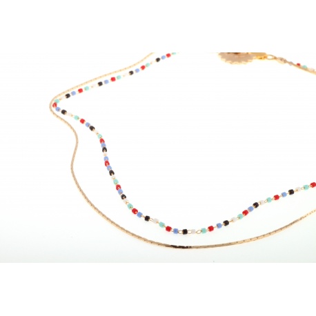 <p>Double chain necklace with mixed color beads, all 18k gold plated.</p>
<p>Approximate length, 42cm, plus extension.</p>
