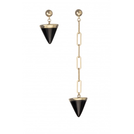 <p></p>
<p>Asymmetrical earring with 18k gold plated link chain and black stone pendant.</p>
<p>Approx length: 10cm</p>
