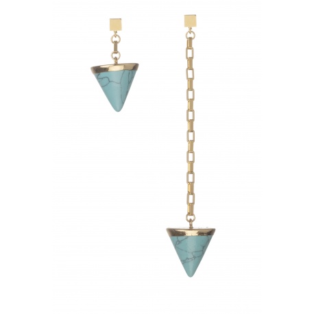 <p> </p>
<p>Asymmetrical earring with 18k gold plated link chain and turquoise stone pendant.</p>
<p>Approx length: 10cm</p>