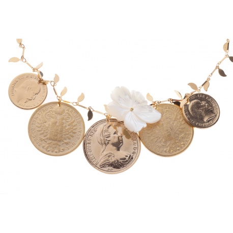 <p><span>Coins necklace with leaves chain, m.o.p. carved flower and mermaid clasp, all 18c gold and matt gold plated.</span></p>