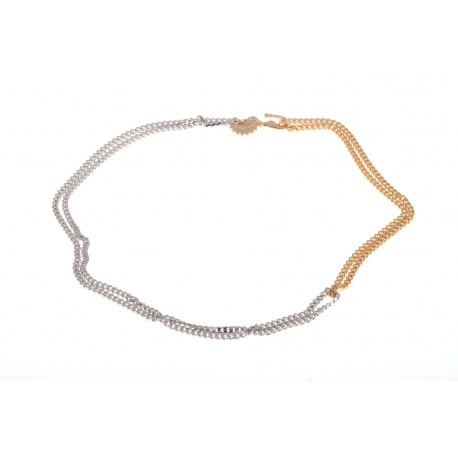<p>Choker with double chain that mixes gold plating and rhodium plating, with a mermaid closure. All 18k plated.</p>
<p>Wear it in various positions!</p>
<p>Approximate length 42cm</p>
<p></p>