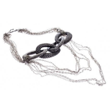<p>Spectacular necklace composed of a cascade of rhodium chains and gray snakeskin links. It is closed by a mermaid-shaped brooch and adorned with a snake head detail.</p>