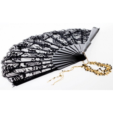 <p>Spectacular large Spanish artisan fan, hand-held, in black lacquered wood with black lace, in this case attached to a bracelet made up of chains of leaves and Swarovski crystals in black (brass chains with antiallergic bath, 18k gold flash ).<br />Featuring a black Swarovski crystal butterfly ornament and a mermaid clasp to tighten the bracelet around the wrist.</p>