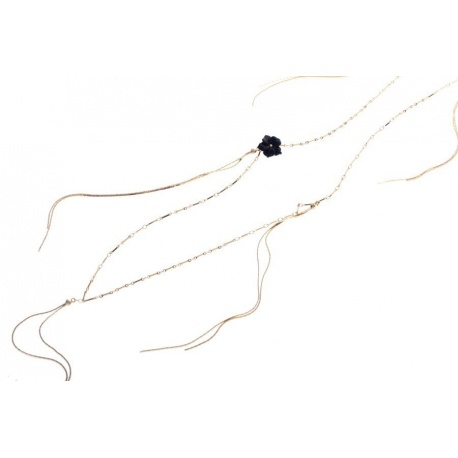 <p>Collar extralargo con cadenas chapadas en oro de 18k, cadenas a modo de flecos y flor de ágata negra (también disponible en azul y nácar blanco)</p>