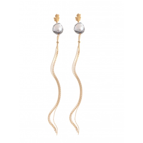 <p> </p>
<p>Earrings with Natural pink shell bead with rhinestones clay pave and long thin 18k gold plated chains.</p>
<h1></h1>